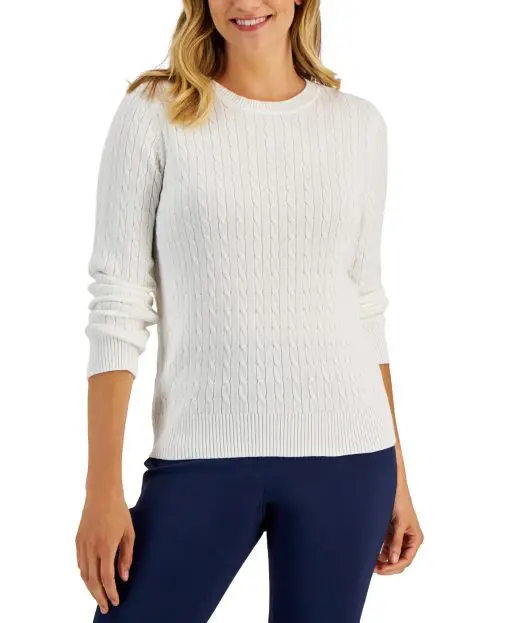 Karen Scott Petite Cotton Cable-Knit Sweater,  - Winter White PS