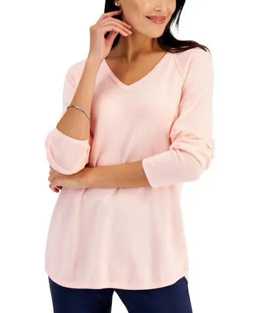 Karen Scott Petite Cotton V-Neck Curved-Hem Pullover Sweater,- Sea Pink PP