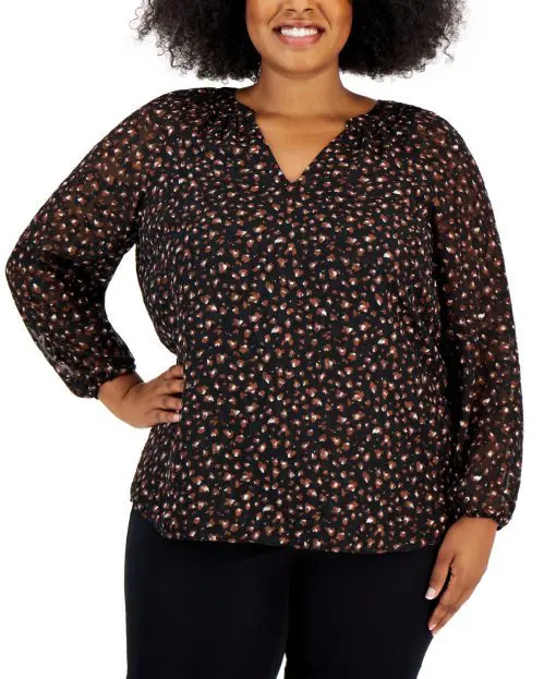 Kasper Plus Size Blouson-Sleeve Top - Black Combo 3X