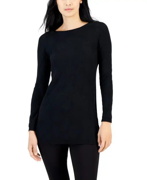 Alfani Women's Front Diamond-Stitch Tunic Sweater,  - Deep Black S