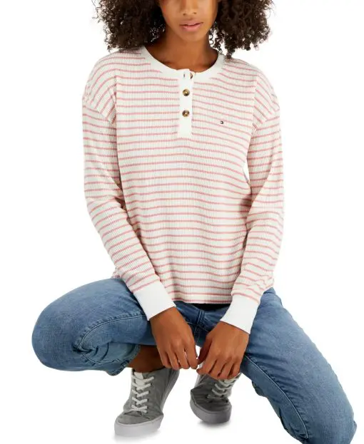 TOMMY HILFIGER Womens Pink Textured Henley Boxy Fit Contrast Trim Striped Long Sleeve Round Neck Top L\G