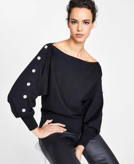 I.n.c. International Concepts Women's Rhinestone-Button Sweater, - Deep Black XXL