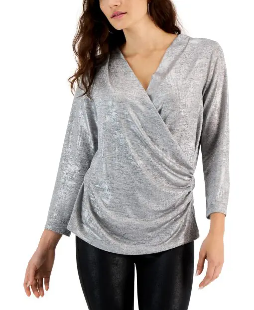 Jpr Studio Women's Metallic Surplice Faux-Wrap Top - Silver S