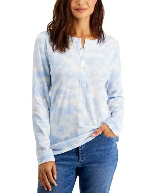 Style & Co Petite Cotton Tie-Dyed Henley Long-Sleeve Top PXL