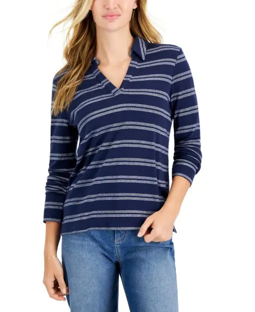 Charter Club Petite Long Sleeve Merry Stripe Johnny Collar Pullover,  - Intrepid Blue Combo PM