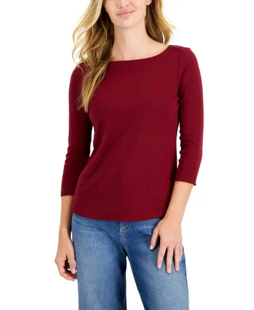 Charter Club Petite Pima Cotton Button-Shoulder Top,  - Carriage Red SM