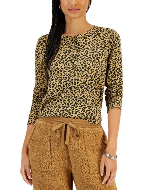 Style & Co Petite Animal-Print Henley Knit Top - Toffee Leopard PL