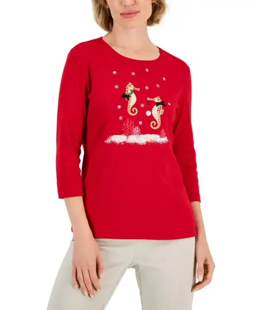 Karen Scott Petite Holiday Print 3/4-Sleeve Tops, - New Red Amore Seahorse PP