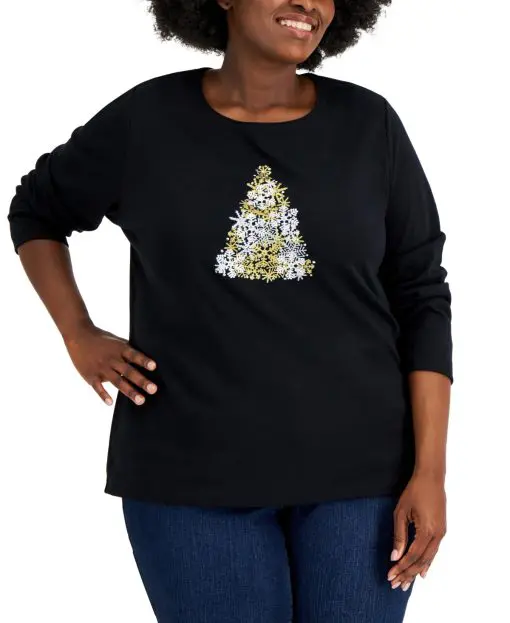 Karen Scott Plus Size Snowflake-Tree Graphic Top - Deep Black 0X