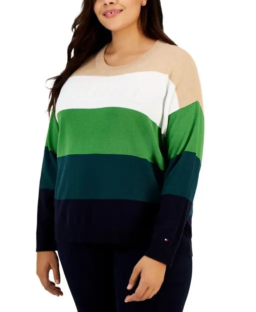 Tommy Hilfiger Women's Plus Colorblock Logo Crewneck Sweater 3X