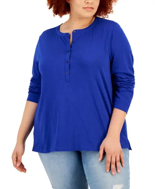 Style & Co Plus Size Henley Top, - Lazulite 2X