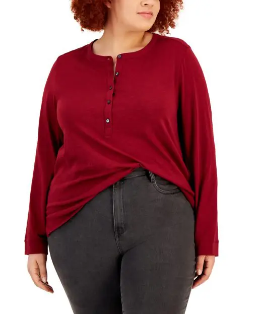 Style & Co Plus Size Henley Top- Scarelt Crush 2X