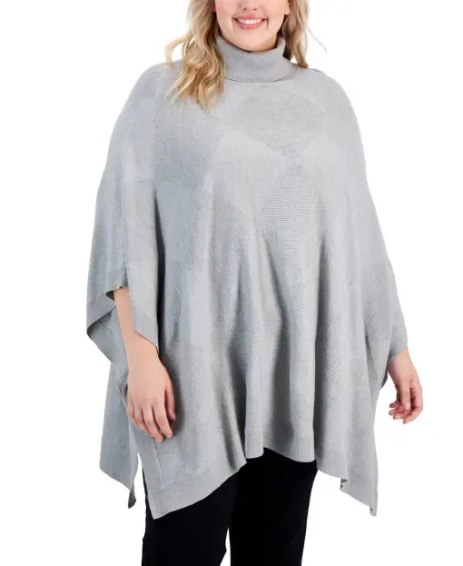 Alfani Plus Size Diamond-Stitch Turtleneck Poncho, - Heather Sterling 3X