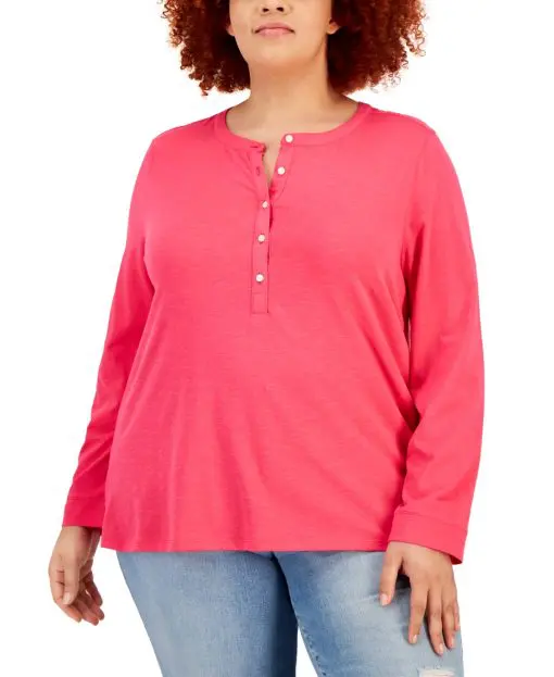 Style & Co Plus Size Henley Top,  - Fire Pink 1X