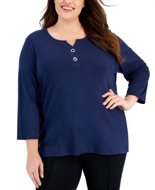 Karen Scott Plus Size Toggle-Neck Top, - Intrepid Blue