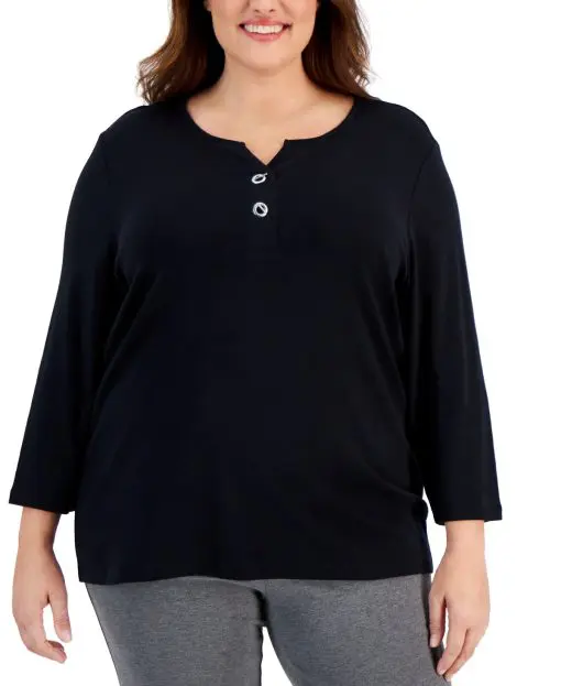 Karen Scott Plus Size Toggle-Neck Top,- Deep Black 2X