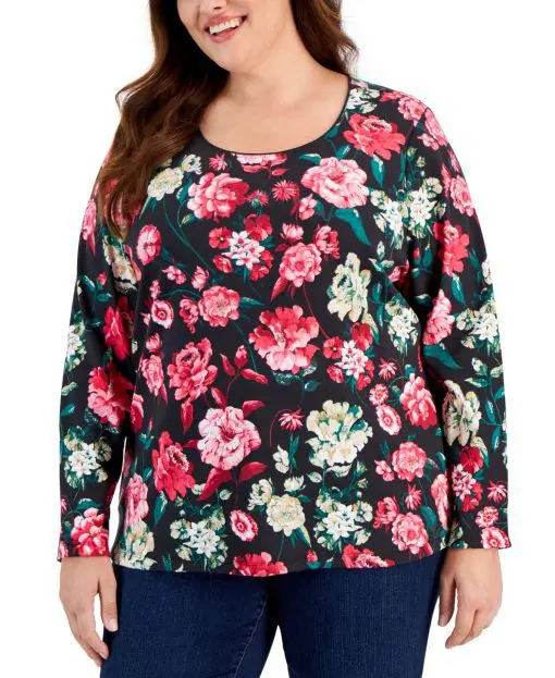 Karen Scott Plus Size Floral Print Scoop-Neck Top, Created for Macy's - Deep Black 2X