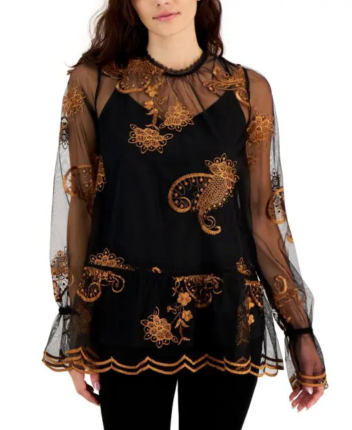 Fever Women's Printed-Embroidered-Mesh Long-Sleeve Top - Black Bronze XS