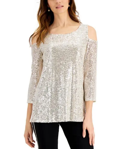 Jm Collection Sequin Cold-Shoulder Top, - Neo Natural XS