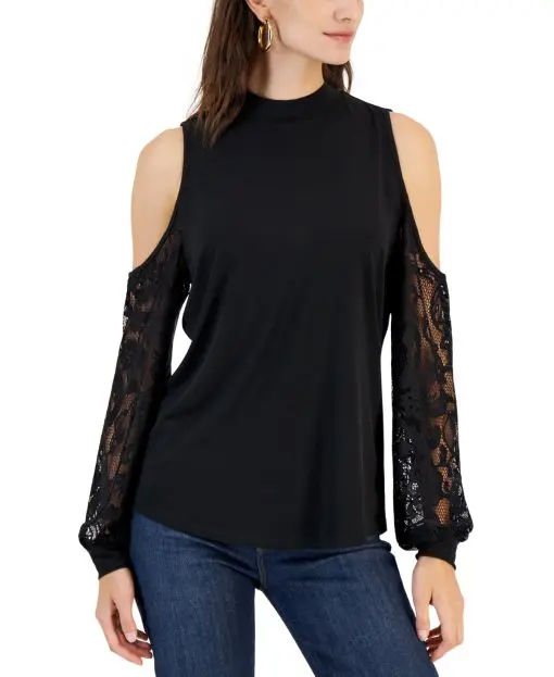 Willow Drive Women's Lace-Sleeve Cold-Shoulder Top - Black S