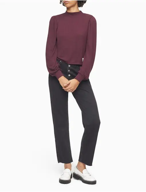 Calvin Klein Women's Mock Neck Blouson Sleeve Sweater - Purple - S