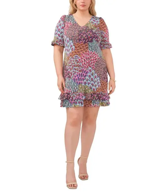 Msk Plus Size Printed Ruffled-Hem Jersey Shift Dress - Sunlight Multi 1X