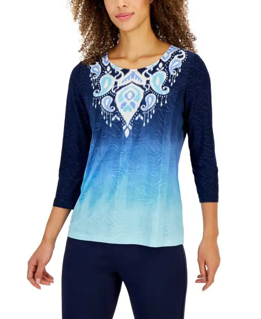 Jm Collection Women's Ikat Gradient 3/4-Sleeve Top, M