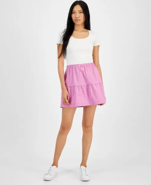 Hippie Rose Juniors' Elasticized-Waist Poplin Tiered Mini Skirt - Groovy Pink XS