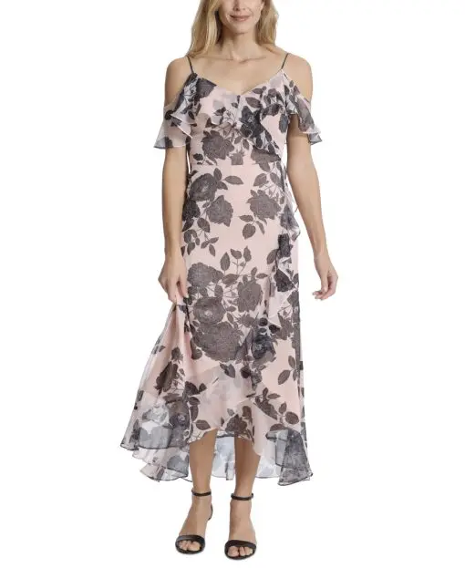 London Times Petite Floral-Print Ruffled Cold-Shoulder Maxi Dress - Blush/Black 6P