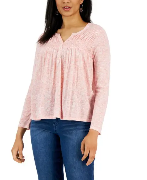 Style & Co Women's Knit Smocked Long Sleeve Top Pink Size Petite Large