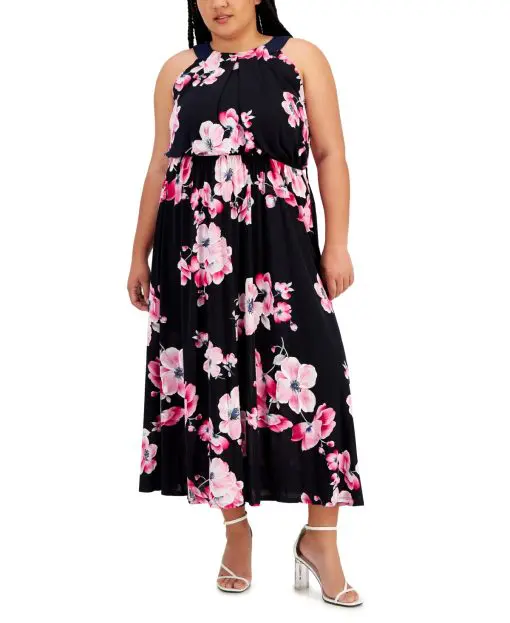 Robbie Bee Plus Size Sleeveless Halter-Neck MIDI Dress - Navy/Pink 1X