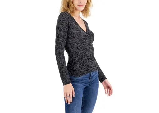 INC Women's Leopard Print Long Sleeve Surplice Top, - Charcoal Grey S