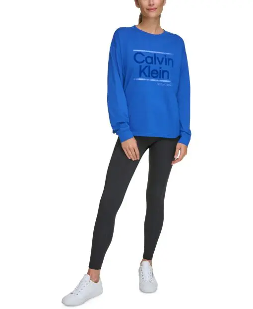 Calvin Klein Performance Women's Metallic Logo Crewneck Long-Sleeve Cotton T-Shirt - MAZARINE BLUE S