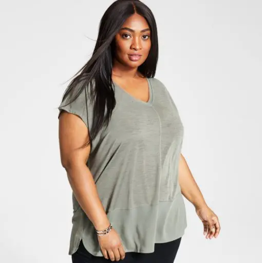 Bar Iii Trendy Plus Size Mixed-Media Top, - Dusty Olive 3X