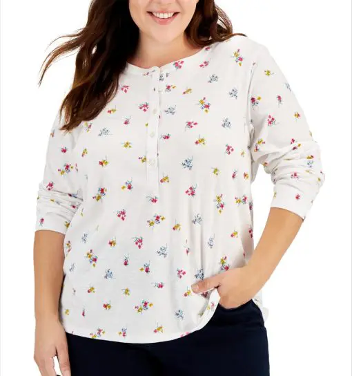 Style &  Co Plus Size Floral-Print Henley Top, Created for Macy's - Lucy Bouquet 2X