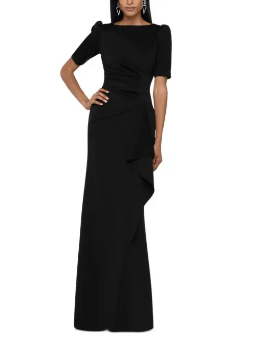 XSCAPE Women's Black Stretch Zippered Ruched Draped Tulip Skirt Elbow Sleeve Jewel Neck Full-Length Evening Gown Dress 8