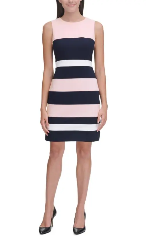 Tommy Hilfiger Womens Beige Striped Sleeveless Jewel Neck Knee Length Cocktail Sheath Dress 2