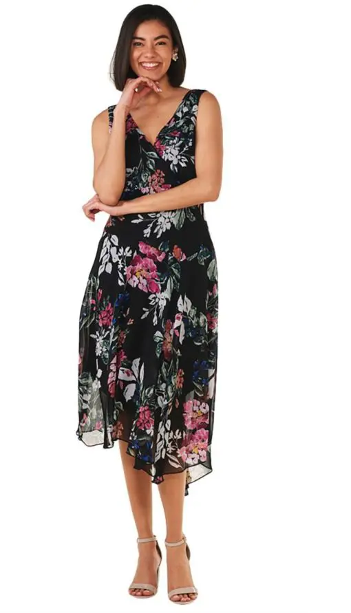 Connected Plus Size Floral-Print Sleeveless Handkerchief-Hem Dress - Black 14W