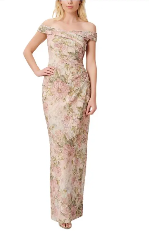 ADRIANNA PAPELL Floral Off-the-Shoulder Matelasse Column Gown in Rose Multi 4