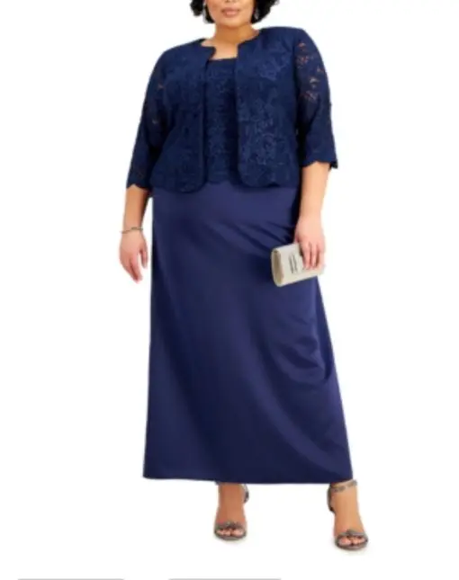 Alex Evenings Plus Size Lace Dress & Jacket - Navy Blue 14W