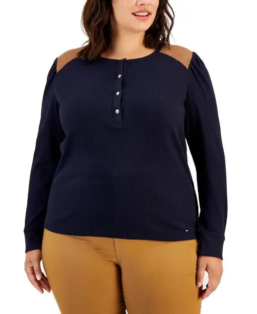 Tommy Hilfiger Women's Plus Waffle Knit Thermal Henley 2X