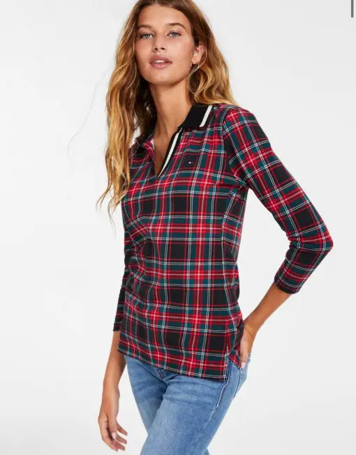 Tommy Hilfiger Women's Striped Collar Plaid Pullover Top XL