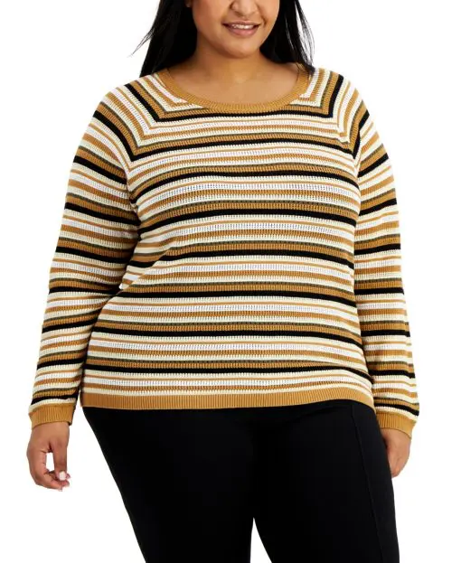 Calvin Klein Plus Size Striped Cotton Sweater - Luggage Combo 2X