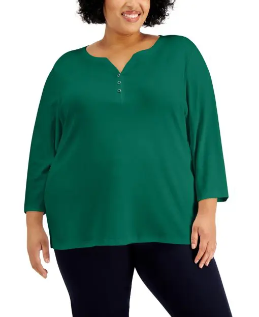 Karen Scott Plus Size 3/4-Sleeve Henley Top,- Marine Green 2X