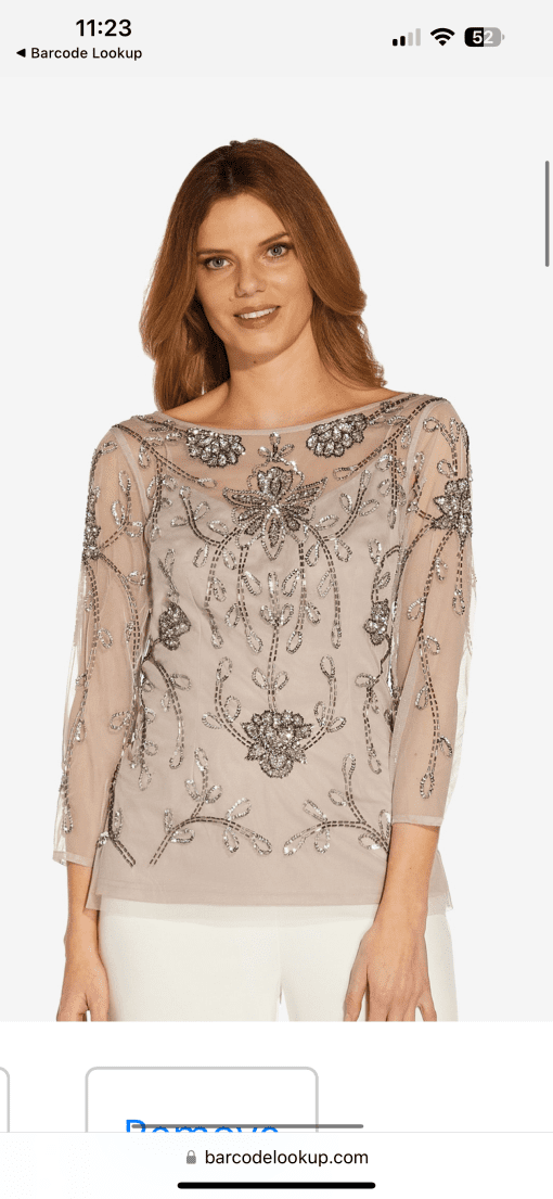 Adrianna Papell Floral Hand-Beaded Illusion Top in Marble 2