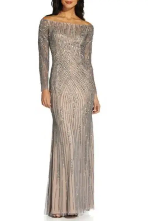 Adrianna Papell Sequin Off-the-Shoulder Gown - Sterling Silver 14