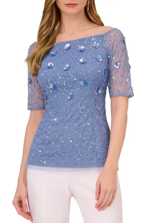 Adrianna Papell Off the Shoulder Top with 3D Beaded Details in French Blue 4