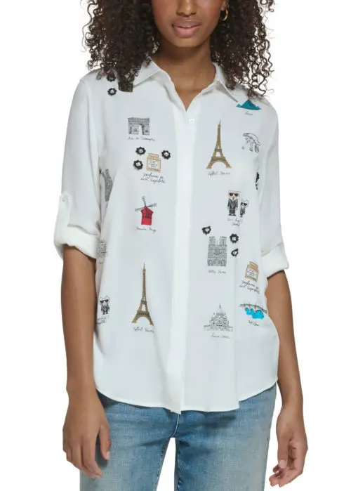 Karl Lagerfeld Paris Women's Paris Graphic Button Down Shirt - Soft White