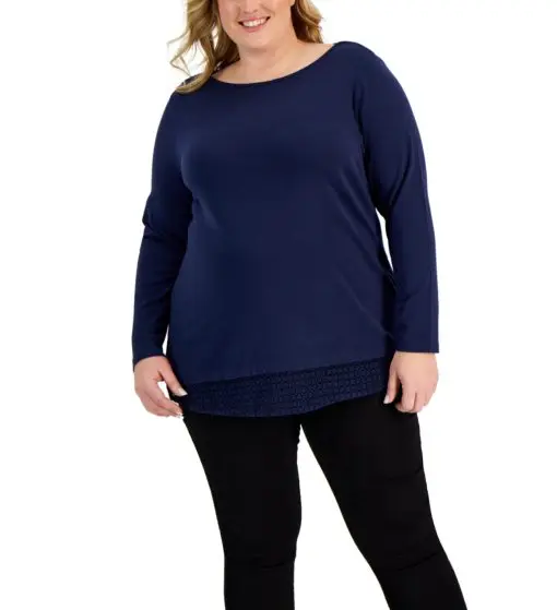 Karen Scott Plus Size Cotton Lace-Hem Top,  - Intrepid Blue 2X