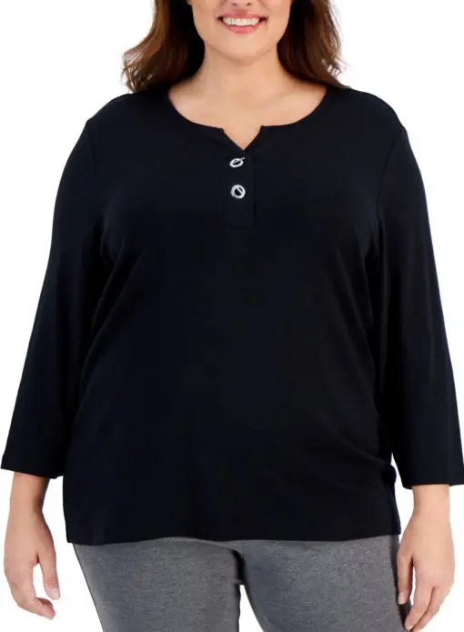 Karen Scott Plus Size Toggle-Neck Top,- Deep Black 2X